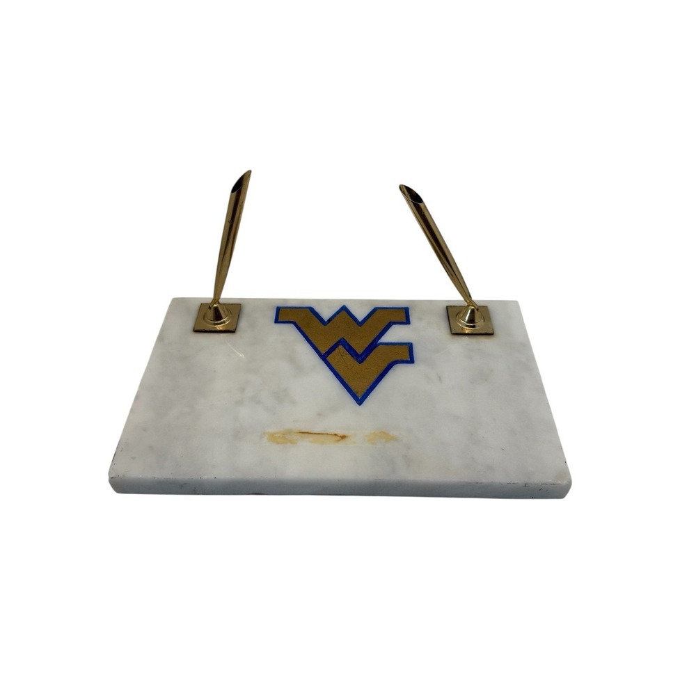 VTG WVU West Virginia Mountaineers Marble Desk Pen Set Gold Tone Office NCAA 8i